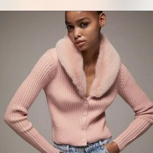 Zara Pink Ribbed Cardigan with Faux Fur Collar